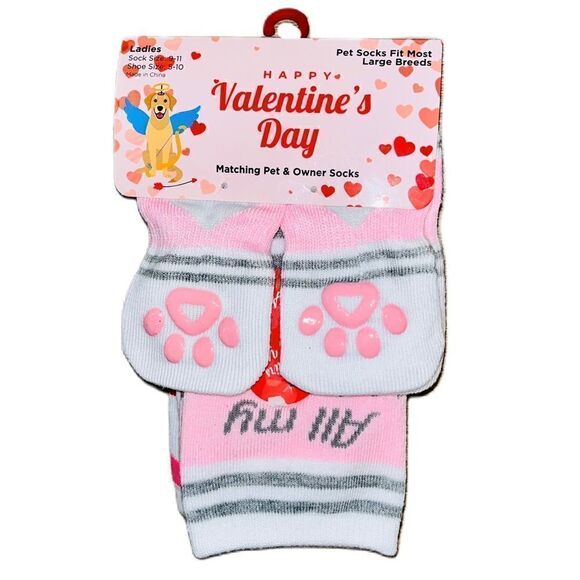 Valentine’s Day Pink & Red Heart Matching Dog & Owner Sock Set for Large Breeds - Picture 1 of 9